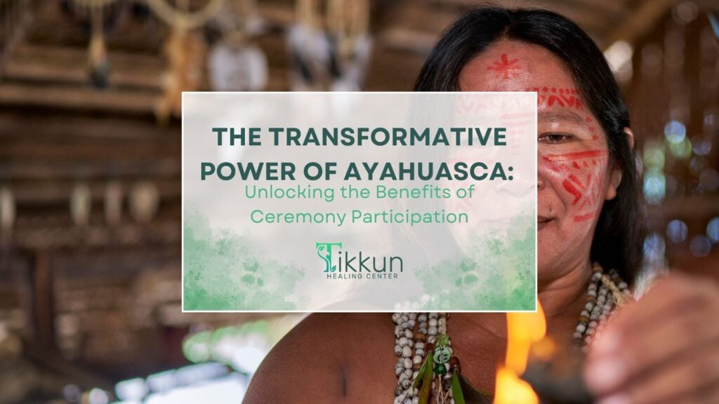 "At Tikkun Healing Center Ayahuasca Ceremony Poster with Indigenous Woman, Highlighting Transformative Power and Benefits of Participation in a Sacred, Supportive Environment"